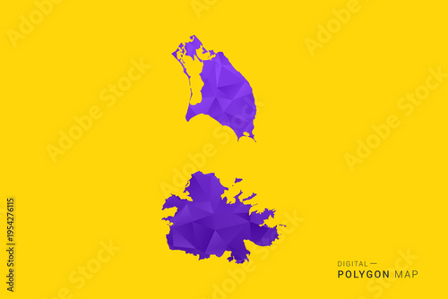 Antigua and Barbuda Map - Low poly polygon map in vibrant purple gradient on bold yellow background, modern minimal geometric style, clean digital vector illustration.