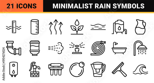 Meteorology and Hydration Geometric Line Art: Ultra-minimalist Monoline Precipitation and Water Management Symbols for Professional Interface Design