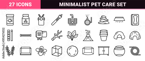 Cichlid Fish and Freshwater Aquarium Life Ultra-Minimalist Geometric Outline Icon Set for Professional Aquascaping and Pet Care Branding.