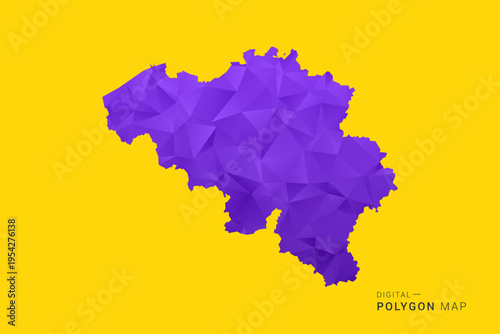 Belgium Map - Low poly polygon map in vibrant purple gradient on bold yellow background, modern minimal geometric style, clean digital vector illustration.
