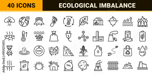 Ecological Imbalance and Climate Change Minimalist Line Art Symbols for Environmental Science Projects and Sustainable Industrial Design Systems.