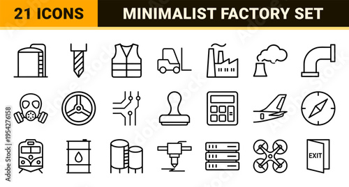 Industrial Manufacturing and Energy Production Ultra-Minimalist Monoline Icon Set featuring Factory, Power, and Engineering Line Art Symbols