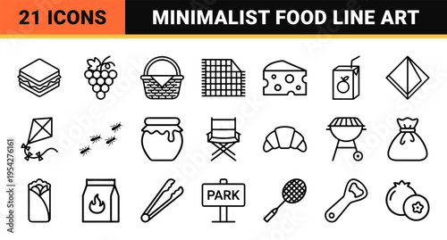 Ultra-Minimalist Monoline Picnic Icon Set for Outdoor Dining and Garden Leisure Activities Featuring Clean Geometric Line Art Symbols