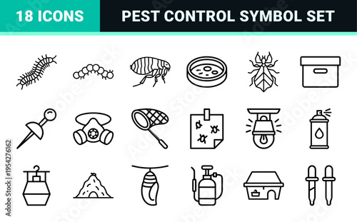 Entomology Research and Pest Control Outline Icons Featuring Minimalist Insect Species and Laboratory Equipment Symbols in Monoline Style
