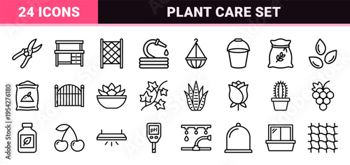 Indoor Gardening and Horticulture Monoline Outline Icons featuring Greenhouse Plant Care Symbols for Sustainable Eco-Friendly Living Concepts