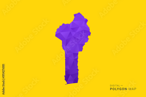 Benin Map - Low poly polygon map in vibrant purple gradient on bold yellow background, modern minimal geometric style, clean digital vector illustration.