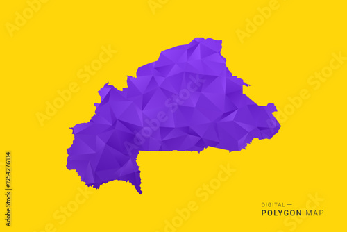 Burkina Faso Map - Low poly polygon map in vibrant purple gradient on bold yellow background, modern minimal geometric style, clean digital vector illustration.