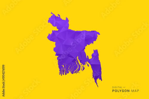 Bangladesh Map - Low poly polygon map in vibrant purple gradient on bold yellow background, modern minimal geometric style, clean digital vector illustration.