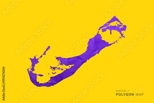 Bermuda Map - Low poly polygon map in vibrant purple gradient on bold yellow background, modern minimal geometric style, clean digital vector illustration.