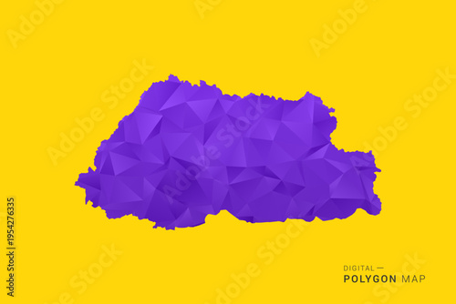 Bhutan Map - Low poly polygon map in vibrant purple gradient on bold yellow background, modern minimal geometric style, clean digital vector illustration.