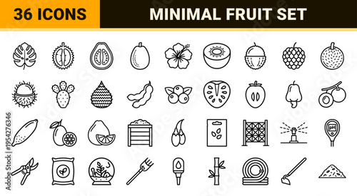 Exotic Tropical Fruit and Botanical Agriculture Symbols in Ultra-Minimalist Monoline Aesthetic for Professional Design Projects and UI Kits