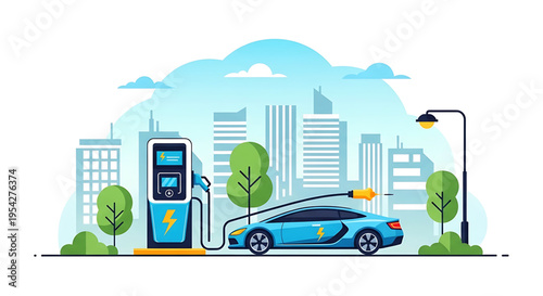 An electric car being charged at a modern charging station in a cityscape with a clean and sustainable energy theme