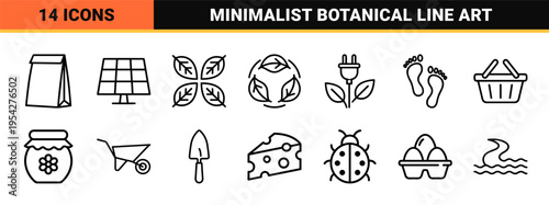 Sustainability Concept Ultra-Minimalist Monoline Icons Featuring Geometric Leaf Motifs and Botanical Symbols for Eco-Friendly Branding Design