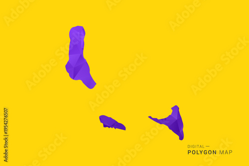 Comoros Map - Low poly polygon map in vibrant purple gradient on bold yellow background, modern minimal geometric style, clean digital vector illustration.
