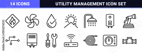 Smart Home Energy Management Ultra-Minimalist Monoline Outline Symbols for Sustainable Resource Monitoring and Utility Optimization Interface Design