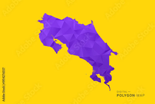 Costa Rica Map - Low poly polygon map in vibrant purple gradient on bold yellow background, modern minimal geometric style, clean digital vector illustration.