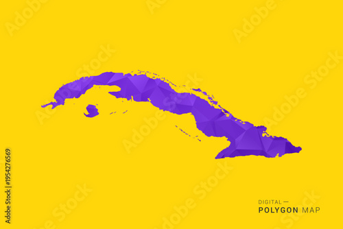 Cuba Map - Low poly polygon map in vibrant purple gradient on bold yellow background, modern minimal geometric style, clean digital vector illustration.