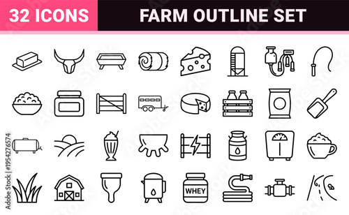 Dairy Farming and Livestock Production Geometric Line Icons for Sustainable Agriculture and Industrial Milk Processing Layouts