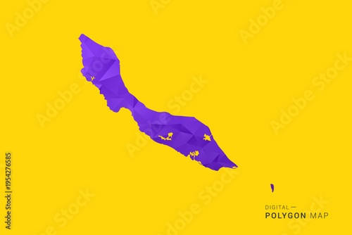 curacao Map - Low poly polygon map in vibrant purple gradient on bold yellow background, modern minimal geometric style, clean digital vector illustration.