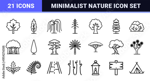 Ultra-minimalist monoline forest tree icon set featuring geometric line art silhouettes for ecological database indexing and map UI design.