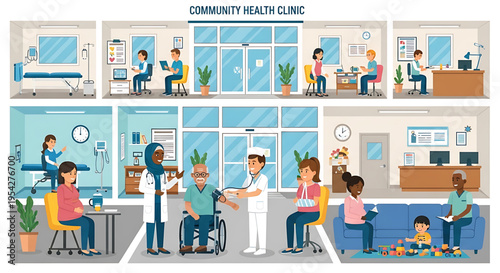 A vibrant community health clinic with diverse patients and medical staff in a modern facility