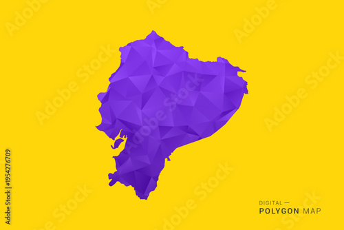 Ecuador Map - Low poly polygon map in vibrant purple gradient on bold yellow background, modern minimal geometric style, clean digital vector illustration.