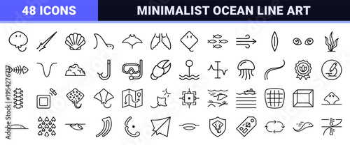 Marine Biology Stingray Anatomy Minimalist Monoline Icons. Geometric Line Art for Aquatic Science Research and Ocean Conservation Graphics.