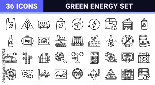 Ecology and Renewable Energy Icon Set Featuring Ultra Minimalist Geometric Line Art for Sustainable Infrastructure and Environmental Branding