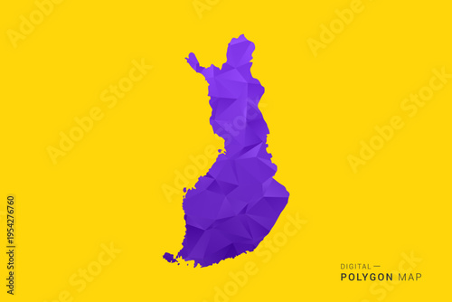 Finland Map - Low poly polygon map in vibrant purple gradient on bold yellow background, modern minimal geometric style, clean digital vector illustration.