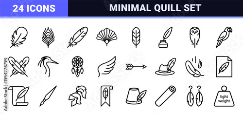 Avian Plume and Quill Stationery Monoline Icon Set Featuring Ultra-Minimalist Geometric Outlines for Lightweight Concept and Literary Design.
