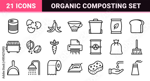 Food Waste and Organic Recycling Minimalist Monoline Symbols for Sustainable Management and Composting Services Visual Identity