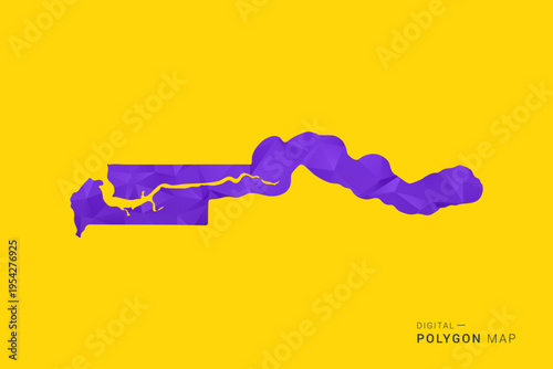 Gambia Map - Low poly polygon map in vibrant purple gradient on bold yellow background, modern minimal geometric style, clean digital vector illustration.
