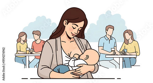 A mother breastfeeding her baby in a public place with people sitting at tables in the background