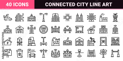 Smart City IoT Infrastructure and Connected Urban Technology Symbols in Ultra-Minimalist Monoline Geometric Outline Style for Modern Interface Design