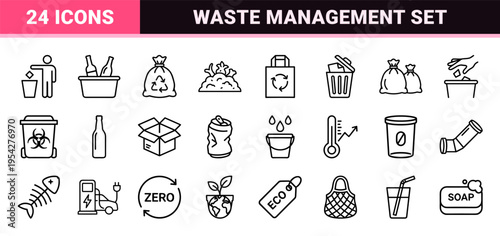 Professional Waste Management and Sustainability Outline Symbols featuring Ultra-Minimalist Geometric Line Art for Environmental Branding