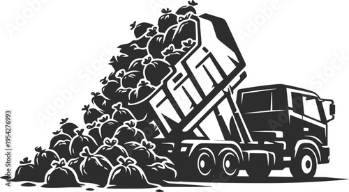 Garbage Truck Waste Collection Service Vehicle Vintage Vector Illustration.