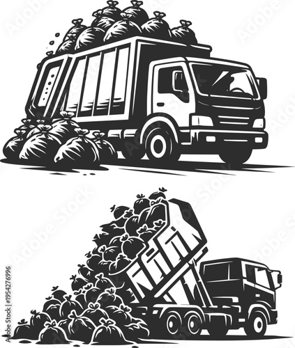 Garbage Truck Waste Collection Service Vehicle Vintage Vector Illustration.