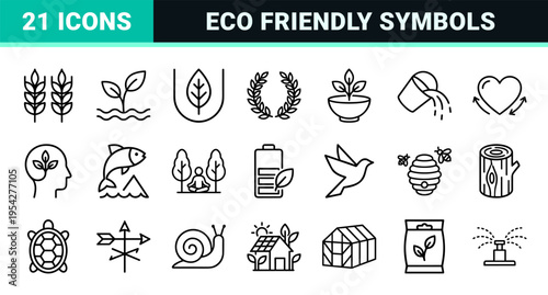 Environment and Nature Conservation Linear Icon Set featuring Ultra-Minimalist Monoline Symbols for Sustainability and Ecological Design.