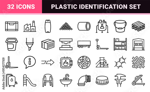 High-Density Polyethylene Resin Identification Symbols and Plastic Recycling Infrastructure Monoline Geometric Vector Outline Icon Collection