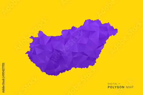 Hungary Map - Low poly polygon map in vibrant purple gradient on bold yellow background, modern minimal geometric style, clean digital vector illustration.