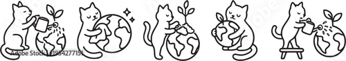 Cute Cat Caring Earth Environmental Line Art Illustration