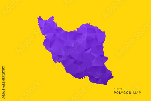 Iran, Islamic Republic of Map - Low poly polygon map in vibrant purple gradient on bold yellow background, modern minimal geometric style, clean digital vector illustration.