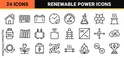 Solar Energy and Renewable Power Sustainable Technology Ultra-Minimalist Monoline Geometric Outline Icon Set for Clean Engineering Interfaces