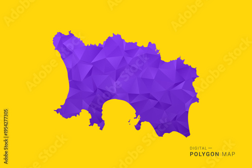 Jersey Map - Low poly polygon map in vibrant purple gradient on bold yellow background, modern minimal geometric style, clean digital vector illustration.