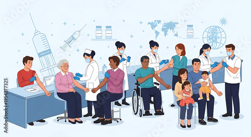 A diverse group of people receiving vaccinations from medical professionals in a clinic setting