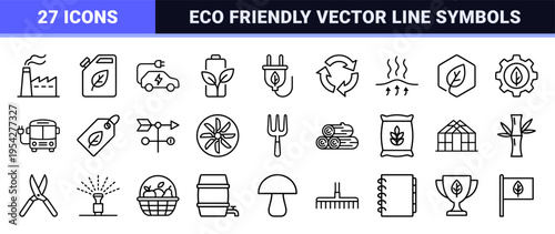 Sustainable Energy and Biofuel Ultra-Minimalist Monoline Icons for Renewable Power Infrastructure and Green Technology Concepts