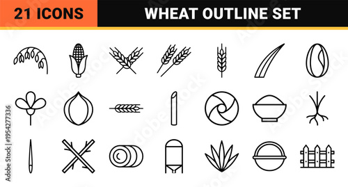 Agriculture Cereal Grain Icon Set Featuring Ultra-Minimalist Monoline Wheat Barley and Rye Symbols for Organic Branding and Farm Label Design