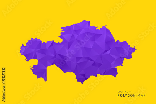 Kazakhstan Map - Low poly polygon map in vibrant purple gradient on bold yellow background, modern minimal geometric style, clean digital vector illustration.