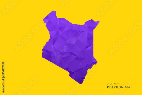 Kenya Map - Low poly polygon map in vibrant purple gradient on bold yellow background, modern minimal geometric style, clean digital vector illustration.