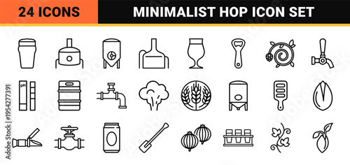 Craft Brewery and Hop Botanical Line Art: Ultra-Minimalist Monoline Icon Set for Professional Beverage Branding and Brewing Process Design.